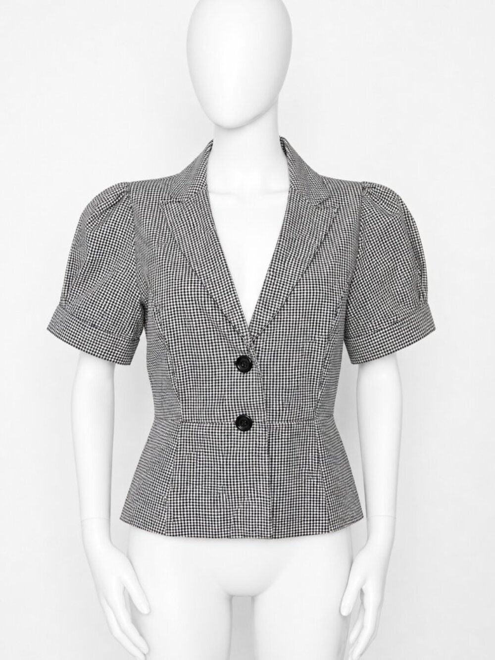 Vintage Ashley Black White Gingham Puff Sleeve Button Top Medium
